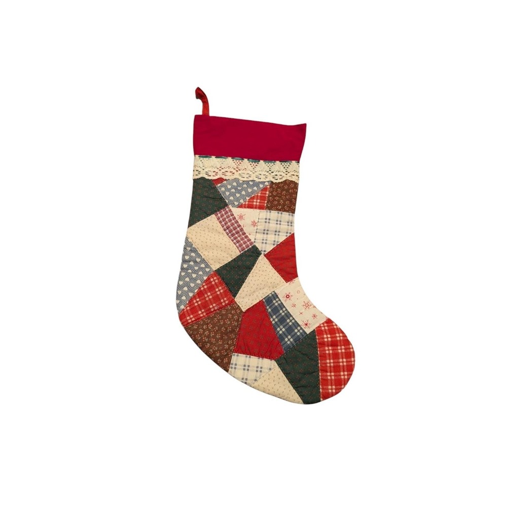 House of Hatten Quilted Square Hanging Christmas Stocking Holiday 20" Lace Heart